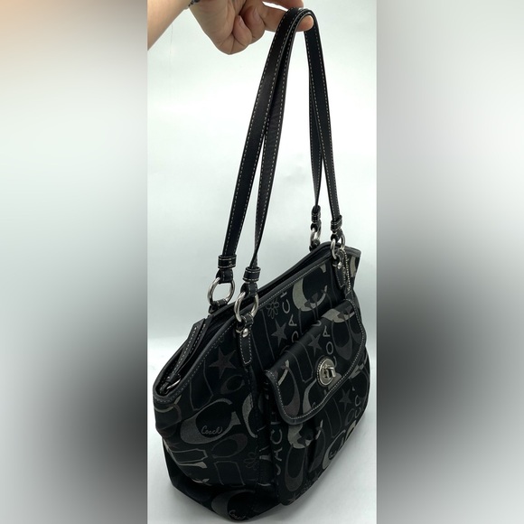 Coach Leah Black and Silver Signature Turnlock Satchel